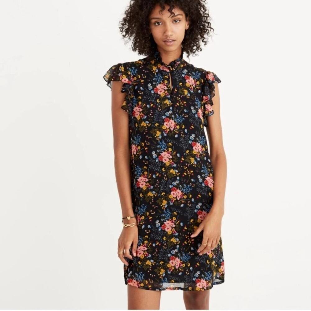 Madewell No. 6 Black Floral Silk Mini Dress Ruffle Sleeves Sz 2 Cottage Prep